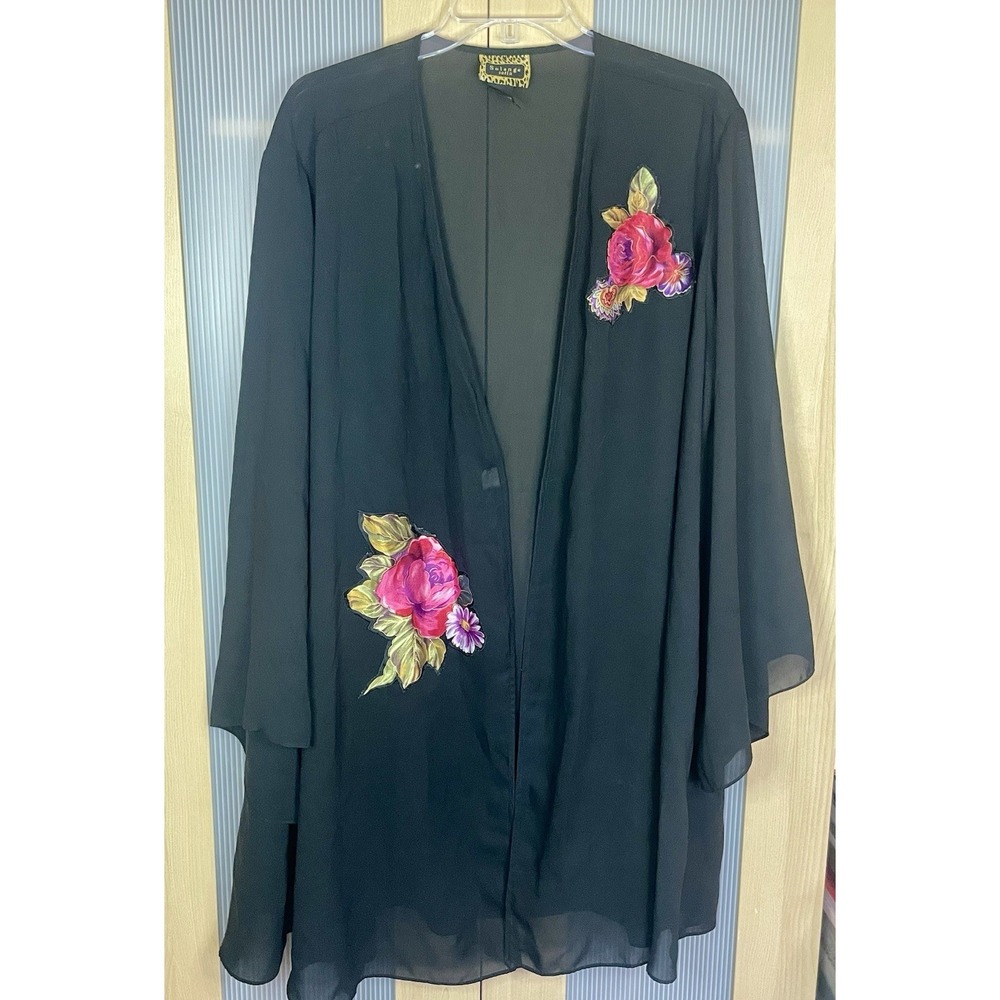 Solange satin robe plus 14-20 Women's black floral sheer Kimono Y2K Boho Goth